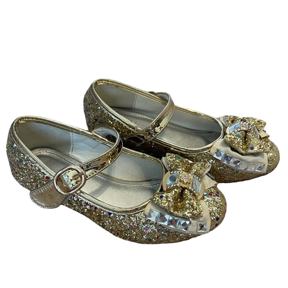 Girls Heels Party Mary Jane  Dance Pump Crystal Bow Knot Size 11.5 gold EUC